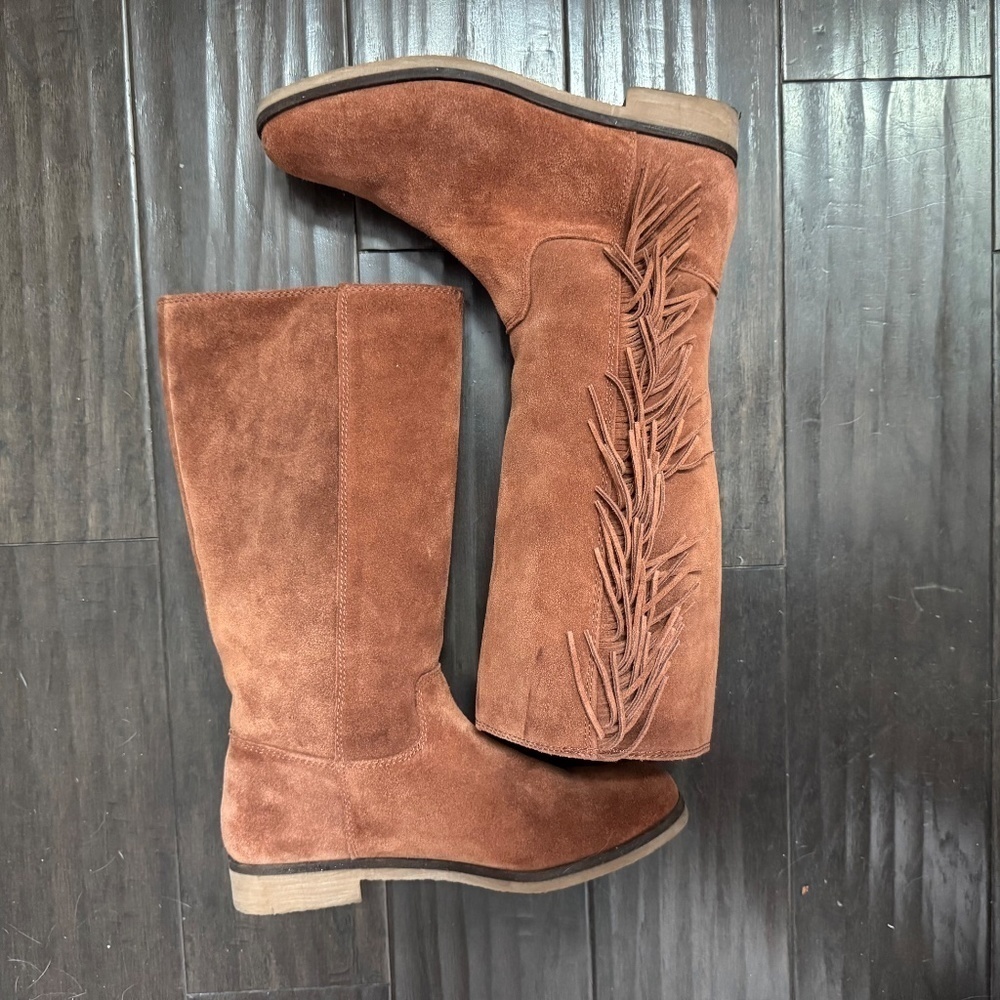 Lucky Brand Suede Fringe Brown Rodeo Campus Style Boho Leather Boots Size 8.5 - Picture 10 of 11